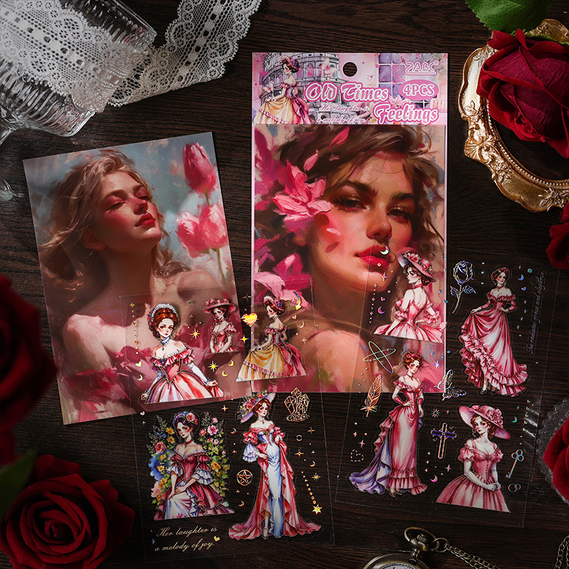 Pegatinas anticuadas transparentes láser impermeables para mascotas diy pegatinas de diario de contabilidad retro europeas transfronterizas pegatinas de chicas