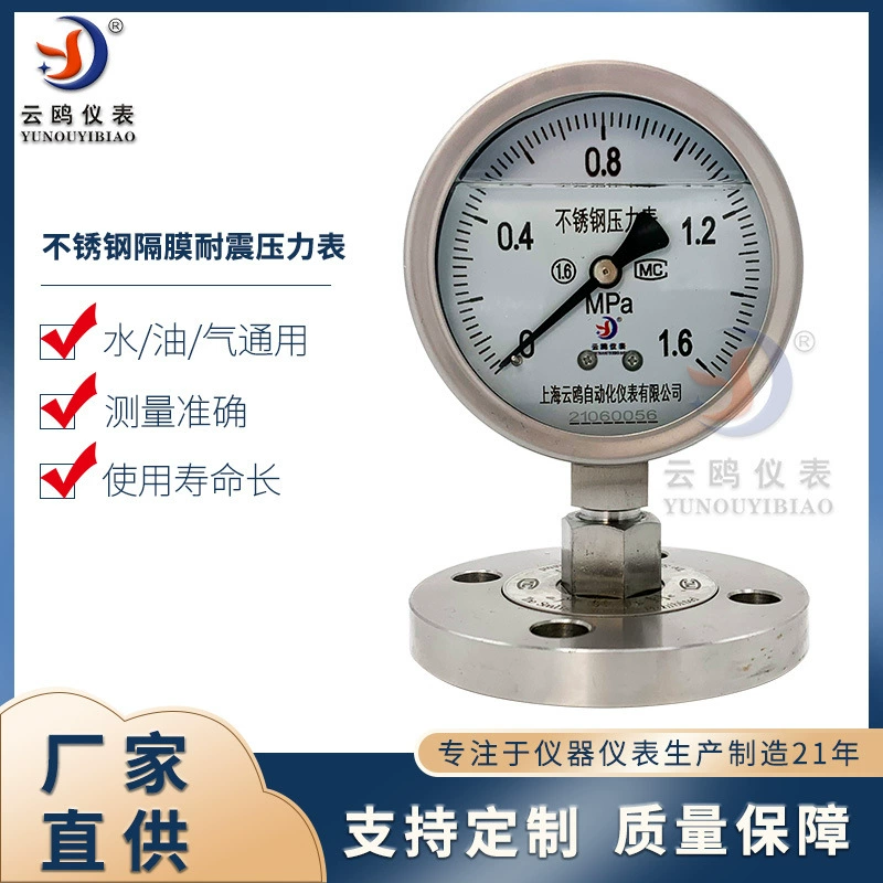 YMFN-100 радиальный манометр диафрагмы из нержавеющей стали DN25 PTFE Фланцевая диафрагма ударопрочный манометр