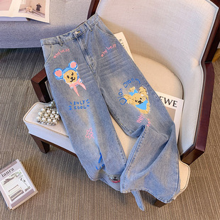 Transformation 150kg Plus Size Women's Fat mm Jeans Puppy Print Elastic Straight-Leg Pants Spring and Autumn New Style 2025