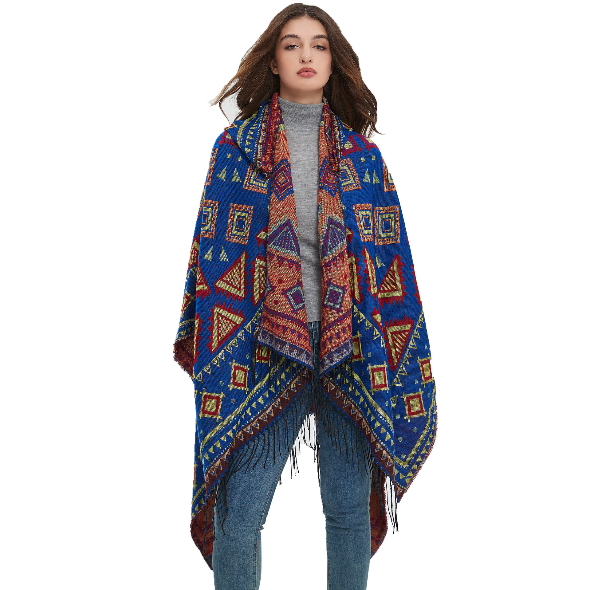 Unisex Hooded cape Winter travel jacquard fringed shawl for women_viptrois.com