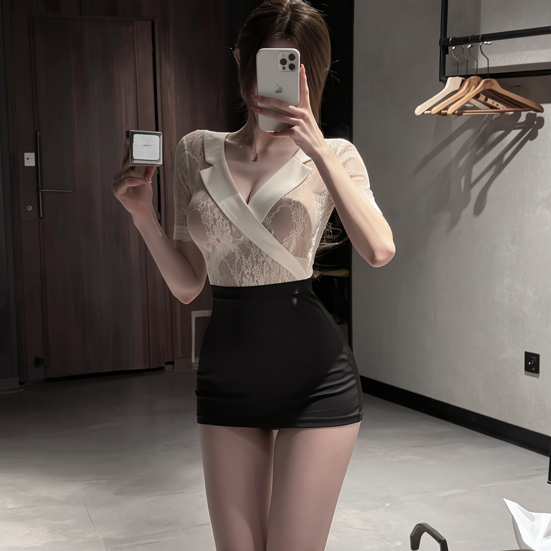 Secretary-Style Costume Set with Fitted Top and High-Waisted Mini Skirt — detail image 2
