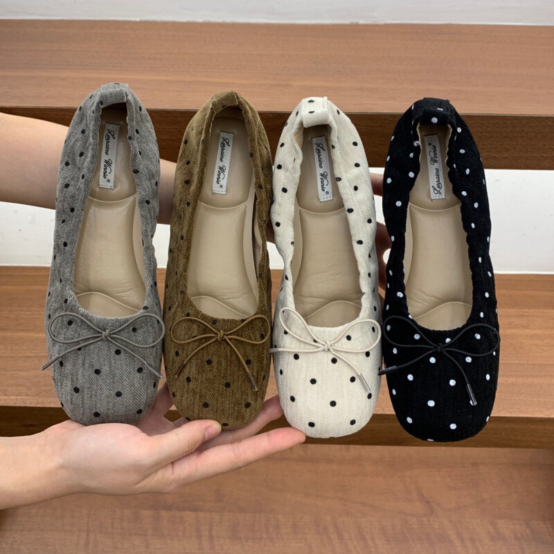 4cm internal height increase ~ French retro shallow polka dot style versatile bowknot ballet flats for commuting, Korean style shoes