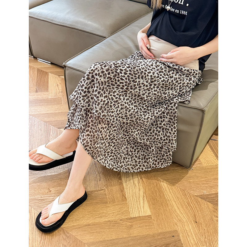 Summer Thin Chiffon Leopard Print A-Line Skirt for Pregnant Women, Sweet and Spicy Design, Irregular Slimming Effect, Versatile Cake Skirt