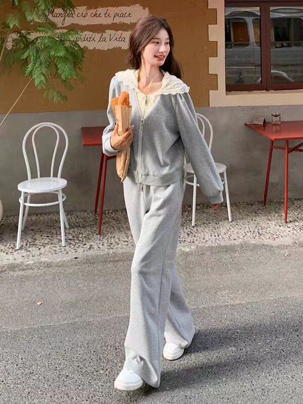 设计感蕾丝拼接连帽卫衣套装女2025秋季韩系休闲宽松阔腿裤两件套|undefined