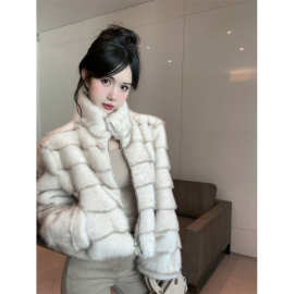 实价实拍~千层布朗尼 冬季新款小立领切条环保毛皮毛毛外套女