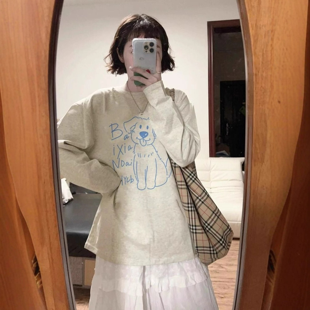 소년과 소녀를위한 귀여운 라인 강아지 긴팔 티셔츠 가을 2025 새로운 한국 스타일 느슨한 순수 코튼 커플 탑