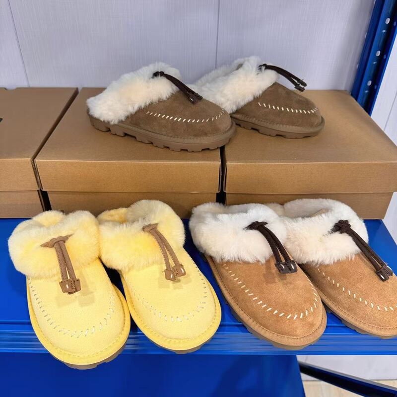 Sampo's new Croger wheat ear slippers, closed-toe wool tassel women's slip-on yellow furry shoes