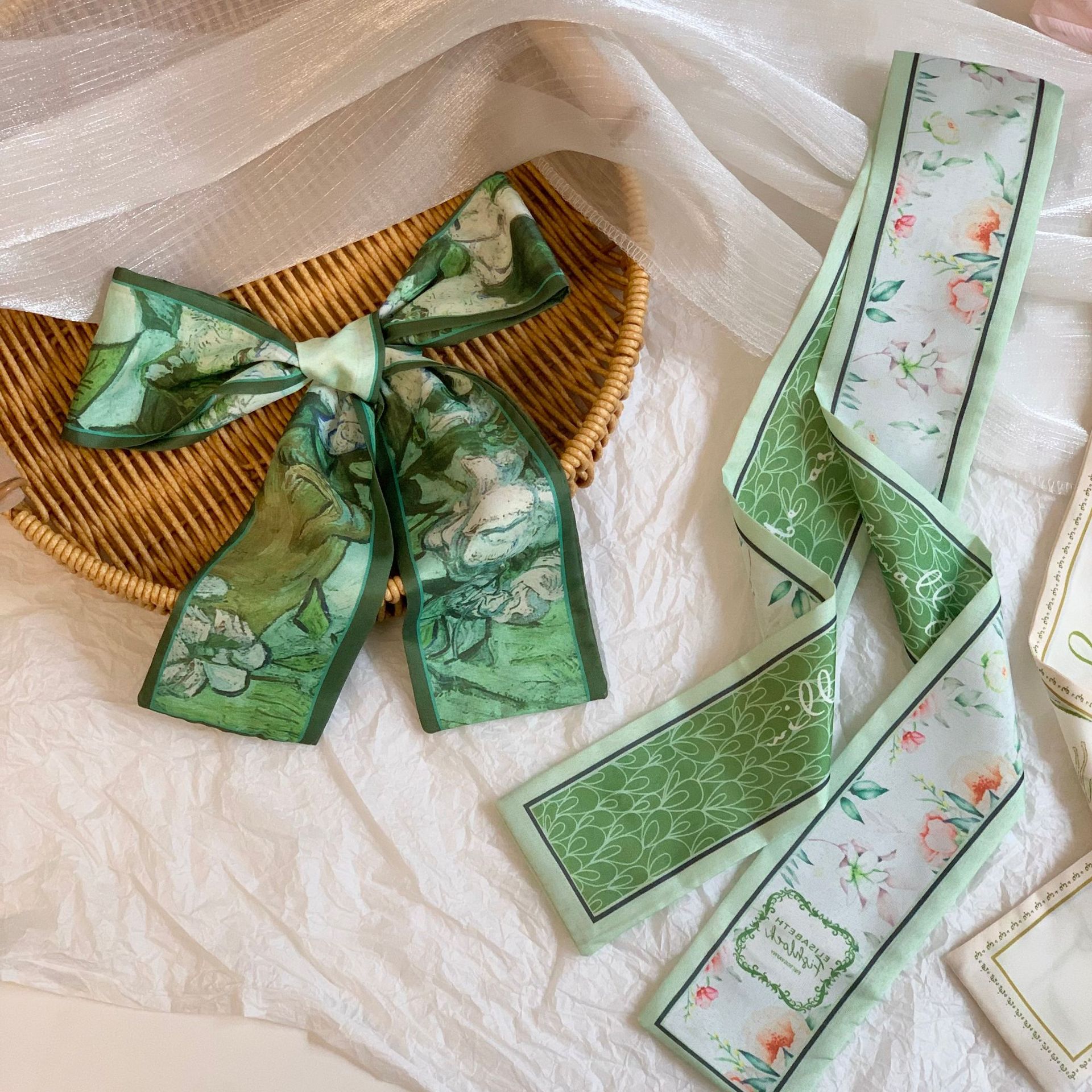 Pañuelo de seda largo, atmósfera coreana, nueva serie fresca, temperamento, pañuelo en la cabeza de alta gama, cinta para el cabello, bolsa para el cabello, cinta