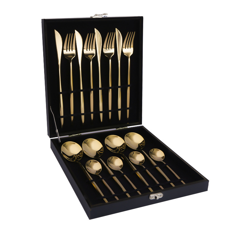 Productos calientes de Amazon vajilla de acero inoxidable conjunto de 16 piezas de Portugal cuatro piezas principales cuchillo, tenedor y cuchara caja de regalo transfronteriza traje