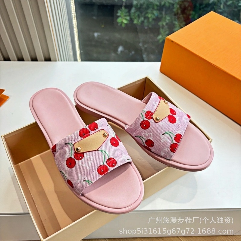 高品质牛仔布樱桃一字拖女2025夏季外穿时尚百搭沙滩平底大码拖鞋|undefined