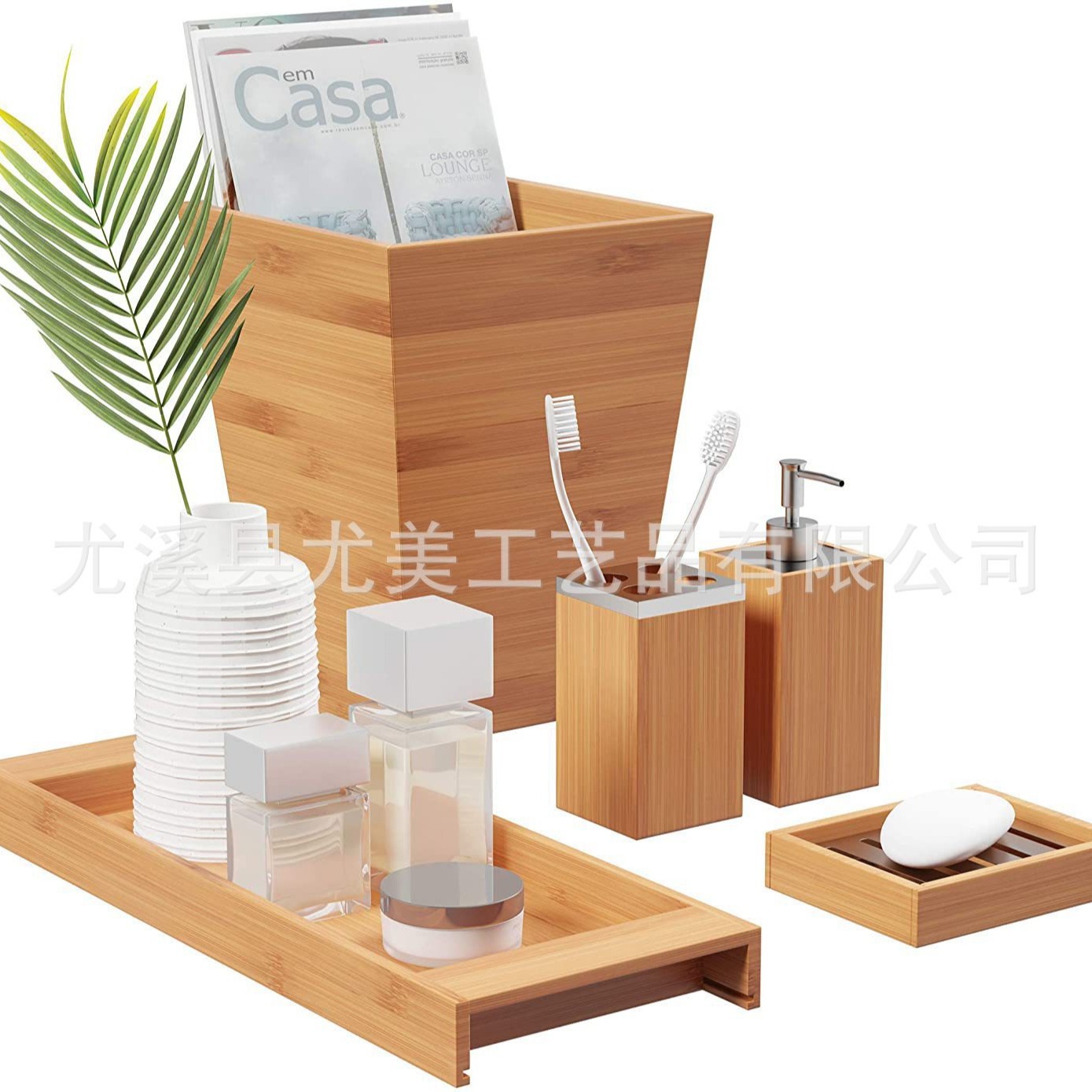 Accesorios de baño de bambú transfronterizos 5 piezas bandeja de madera dispensador de loción caja de jabón de bambú cepillo de dientes titular