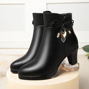 Cross-border Thick Heel High Heel Ankle Boots Women's Autumn and Winter New Pointed Toe Women's Large Size New Fashion Short Barrel Waterproof Platform Leather Boots