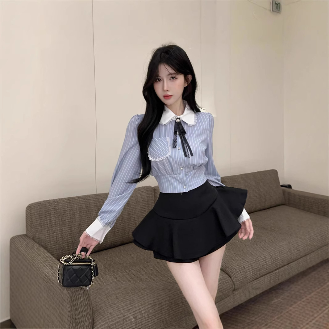 대학 스타일의 작은 신선한 JK 세트 달콤한 줄무늬 긴 소매 나비 넥타이 셔츠 높은 허리 다용도 바지 스커트 2 세트