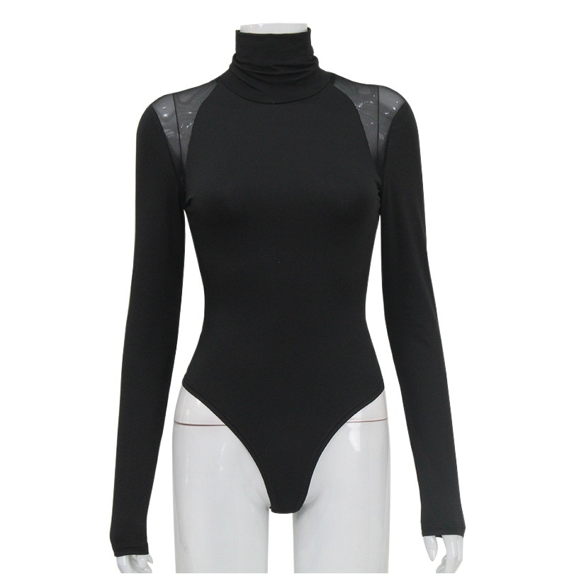 Mono de manga larga elegante y ajustado con cuello alto y malla, de alta elasticidad, para mujer, venta al por mayor, éxito de ventas transfronterizo en Europa y América.