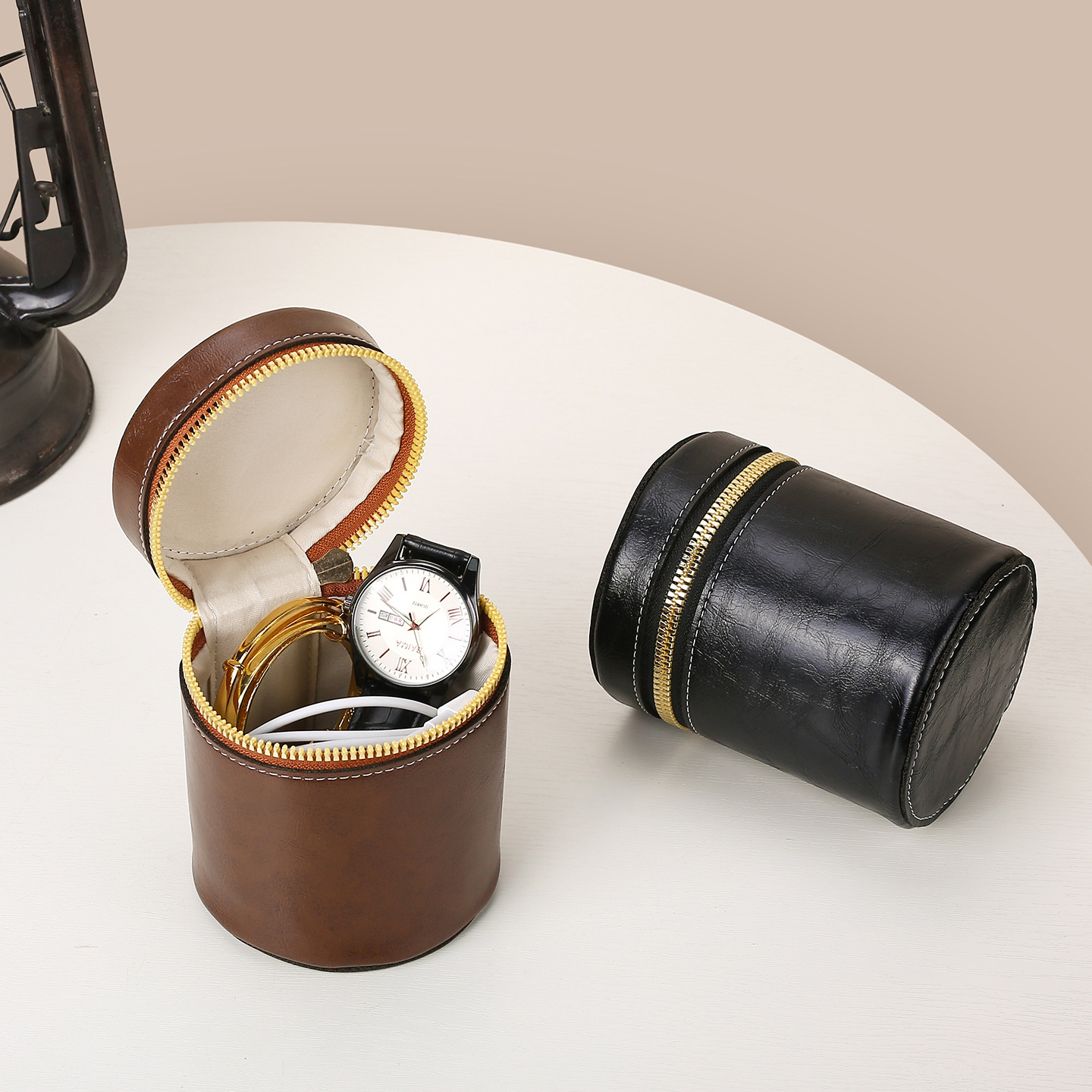 Bolsa de maquillaje de cuero retrógrado, bolso de cambio de lápiz labial, bolso de viaje portátil, barril de almacenamiento personalizado, mini bolso de cambio redondo