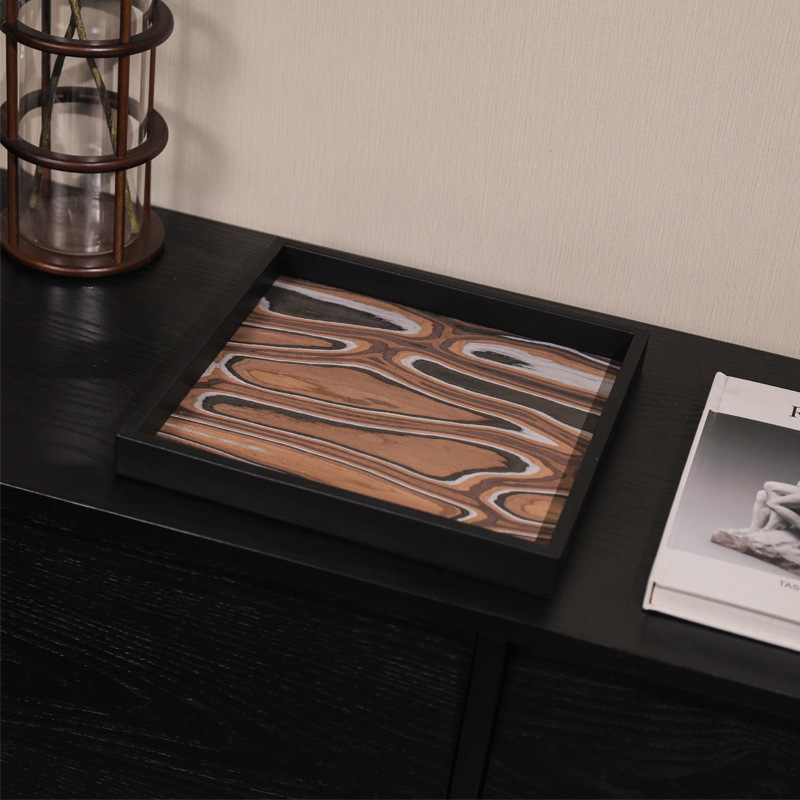 Wabi-Sabi Style Tray Black Leather Wooden Tray Furniture Exhibition Hall Coffee Table Vase Storage Ornaments Interior Space Design