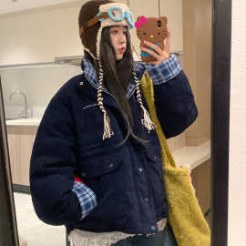 韩系复古棉服女2025冬季新款棉衣灯芯绒棉袄假两件格纹学生厚外套
