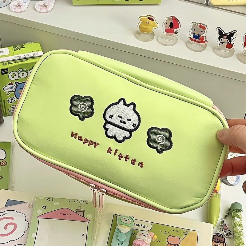 かわいい四つ葉のクローバーの子猫刺繍鉛筆バッグイン高価値大容量多機能文具箱小中学生用|undefined