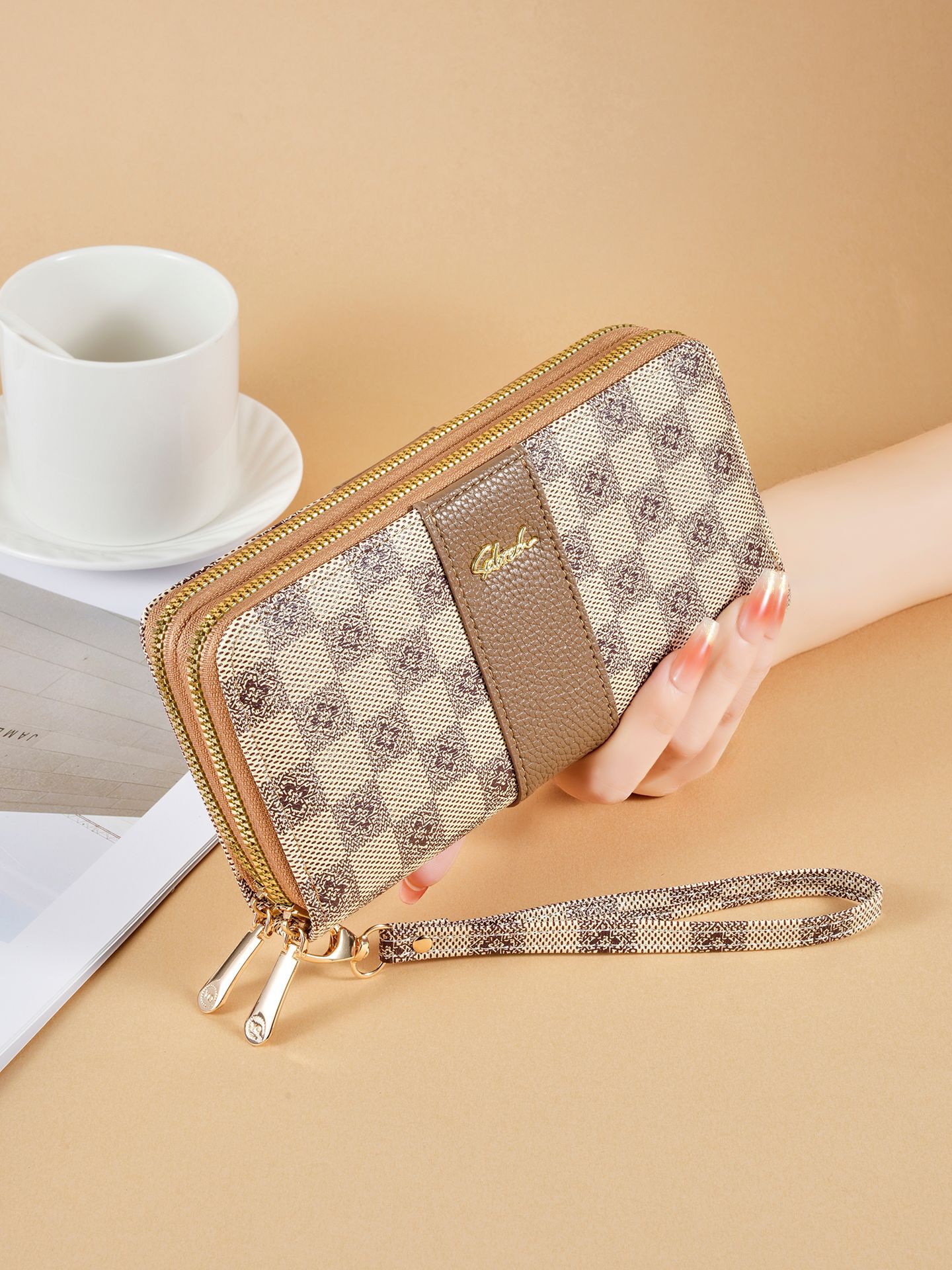 Nuevo tipo de billetera de doble tracción de tendencia transfronteriza impresión de empalme de moda universal doble multi-tarjeta zipper bolso