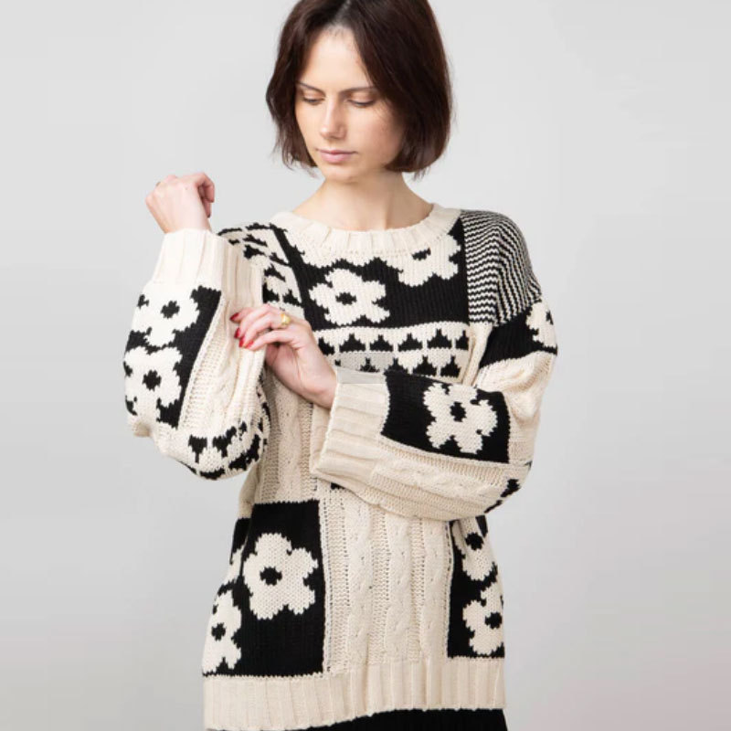 Women's Pullover Sweater Square Flower Casual Loose Round Neck_voghion.com
