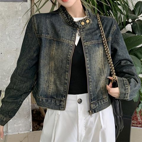 美式复古做旧立领牛仔外套女春秋季高级感宽松小个子短款夹克上衣|undefined
