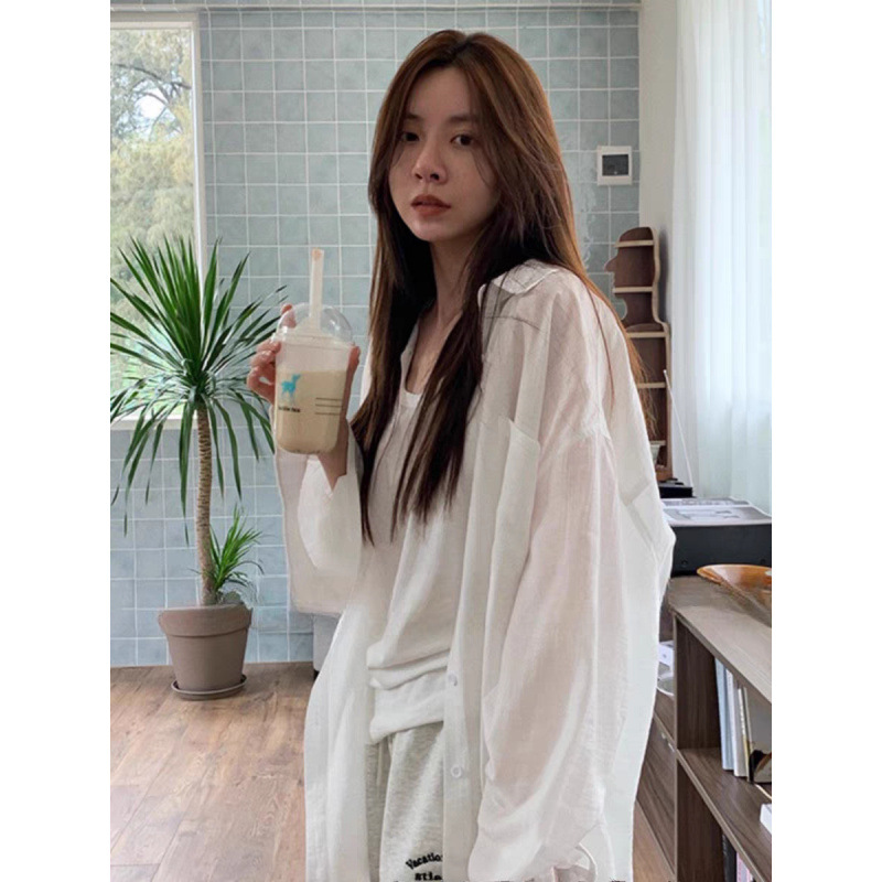 2025 Spring and Summer New White Long-Sleeved Cardigan Sun Protection Shirt Women's Thin Loose Lazy Style Shirt Outer Top