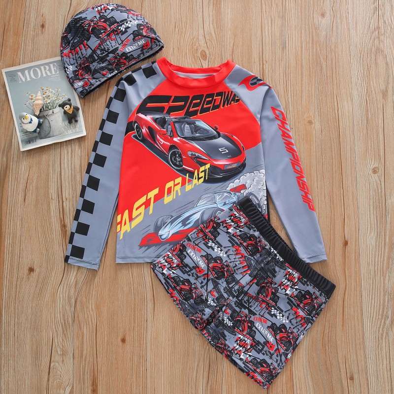 2026 Kidsren's Swimsuit Long-Sleeved Boys' Swimsuit Split Shorts Racing Print Boys' Swimsuit Sun Protection Upf50+