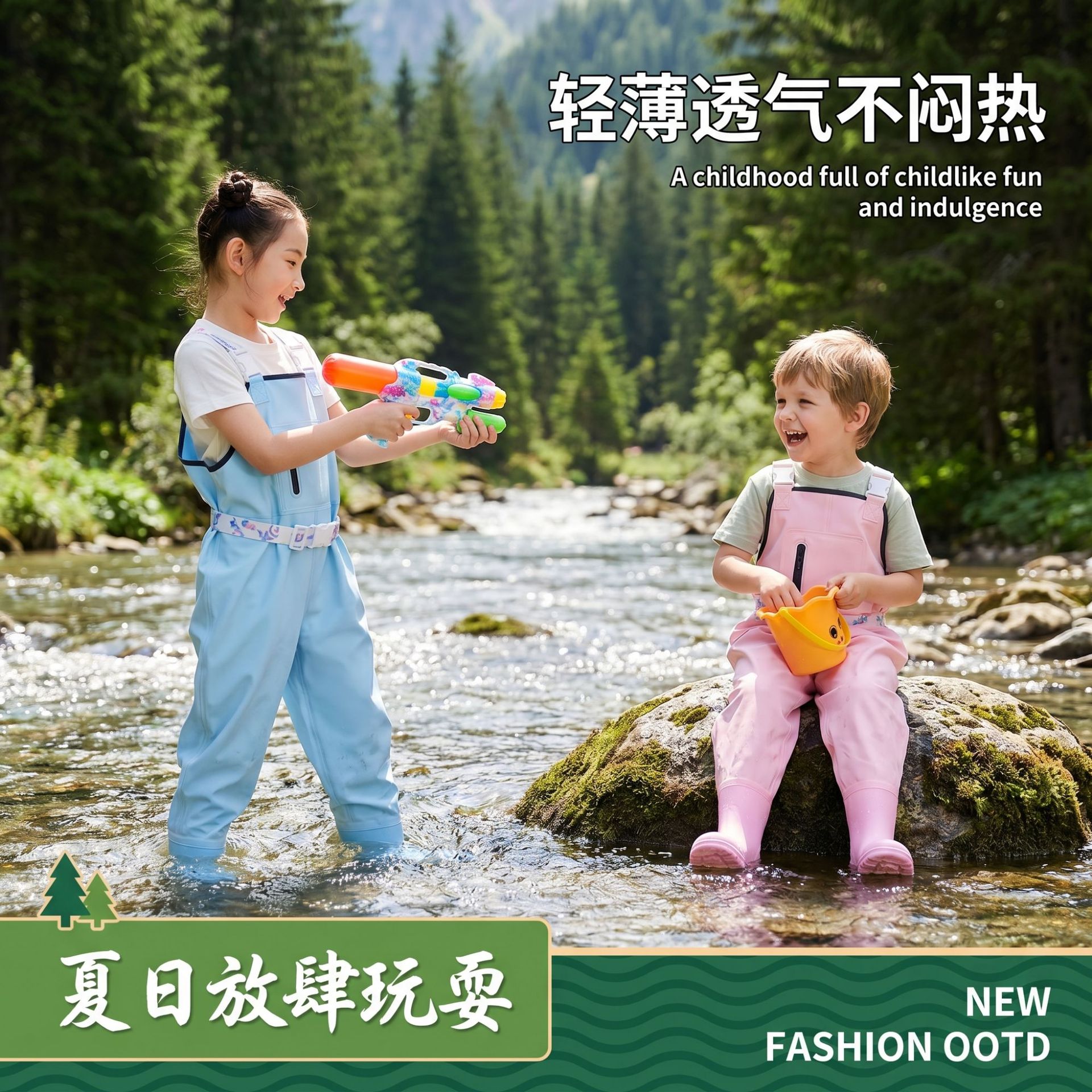 儿童下水裤玩水涉水幼儿园防水衣服赶海男女小孩雨鞋抓鱼雨裤沙滩