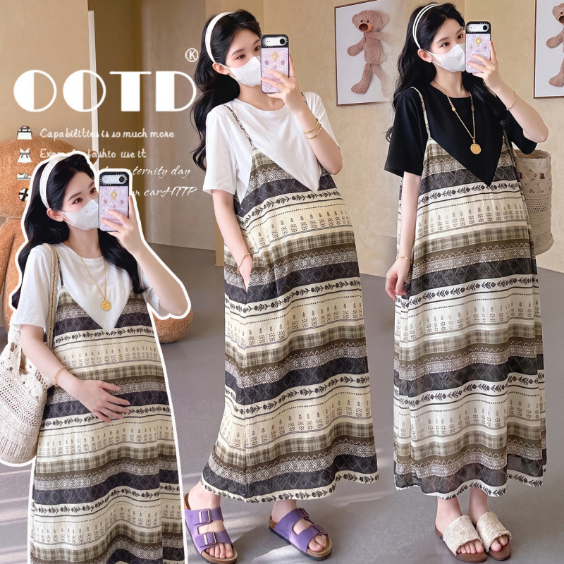 Pregnant Women's 2026 Bohemian Striped Two-Piece Look Maternity Dress, Summer Thin Loose Fit Slimming Versatile Maternity Dress