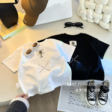 2025儿童夏季纯棉短袖拼接韩版男女童短袖上衣洋气纯色田园短袖