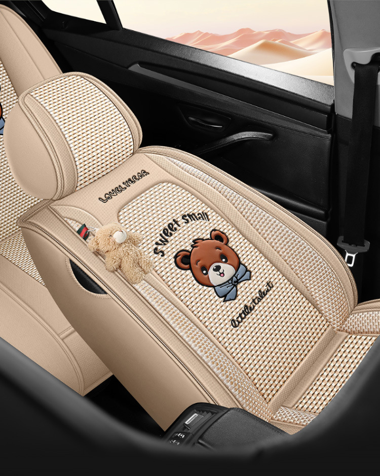 New All-Season Universal Car Seat Cushion, Full-Coverage Seat Cover, Cartoon Cute Linen, High-Grade Goddess Breathable Cotton