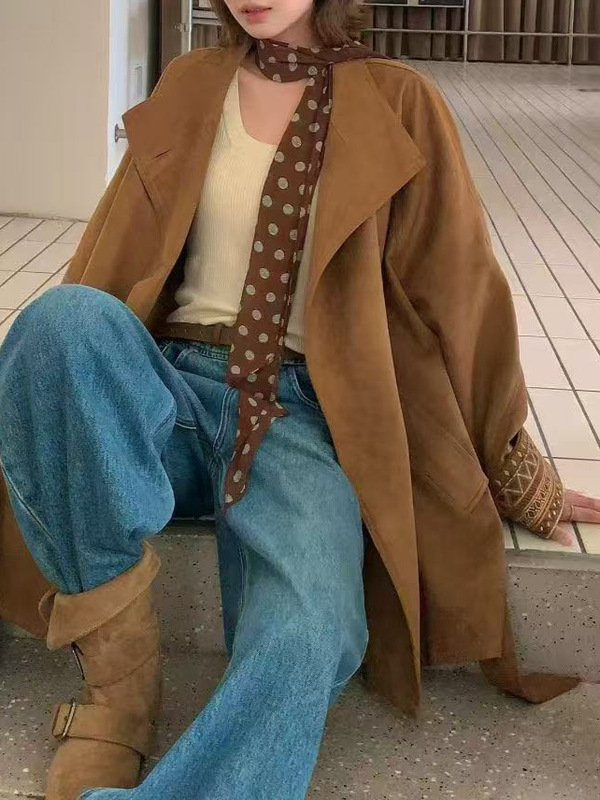 双色复古美拉德色系反绒麂皮小廓形韩系宽松秋季长袖风衣外套上衣|undefined