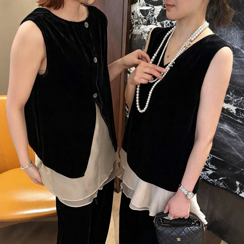 Designed to Be Worn Front and Back, Double-Layer Organza Spliced with Silk Velvet Sleeveless Top, 2026 Summer Stylish Casual Shirt