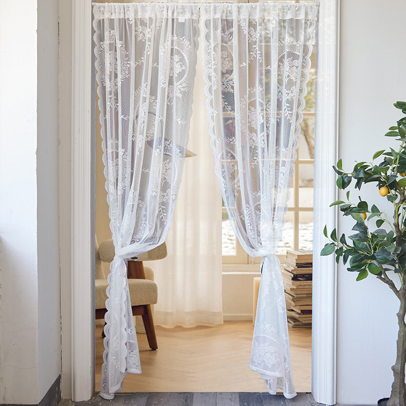 Cross-border New French Style Round Mirror Flower Lace Door Curtain Bedroom Decorative Window Screen Non-perforated Partition Gauze Curtain