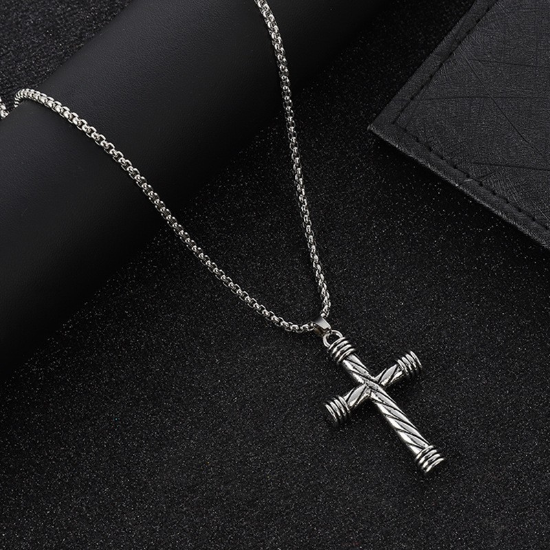 Stainless Men's Spiral Pattern Cross Titanium Steel Pendant Necklace_voghion.com