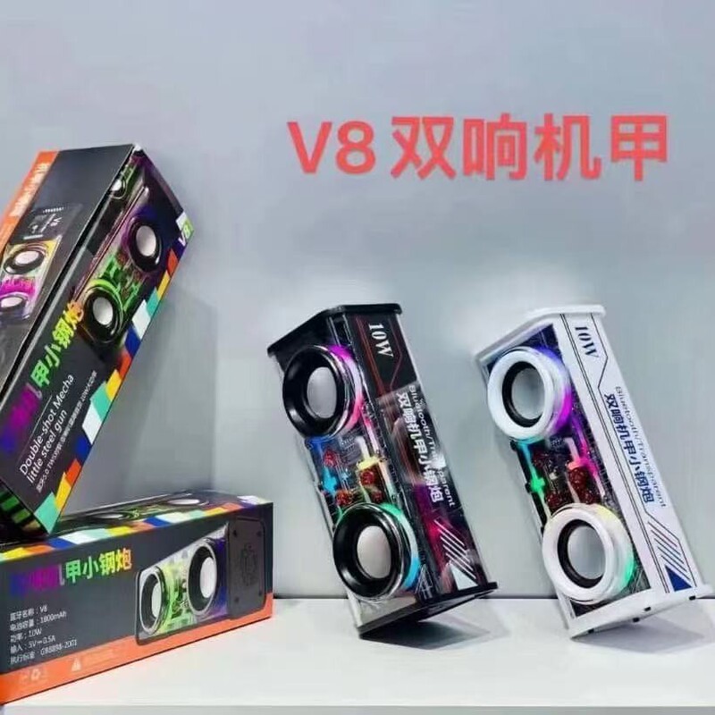 10W Transparent Mecha Bluetooth Speaker V8 Colorful Light Dual Speaker Mini Bass Creative Gift Speaker
