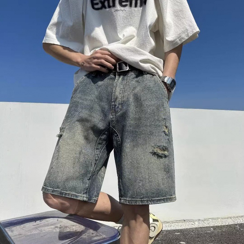 Pantalones cortos de jeans agujeros de verano delgados para hombres 2025 nuevos pantalones vintage estadounidenses sueltos marca de tendencia pantalones de tamaño grande