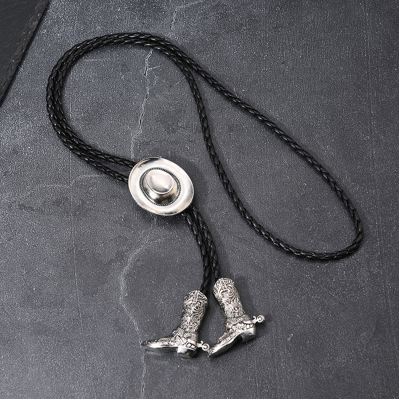 Cross-Border Fashion Retro Alloy Cowboy Hat Boots Pendant Necklace Cowhide Rope Long Sweater Chain Bolo Tie Necklace