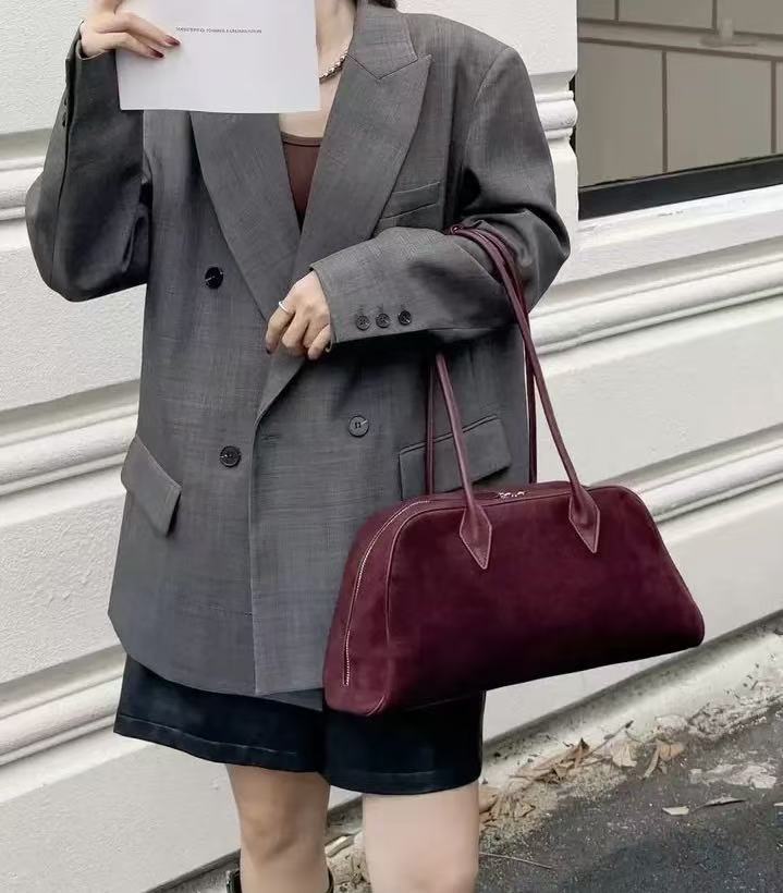 Korea HF Tote Bag Niche French Vintage Matte Cowhide Women's Commuter Bag Large Capacity Shoulder Bowling Bag - Thumbnail 4