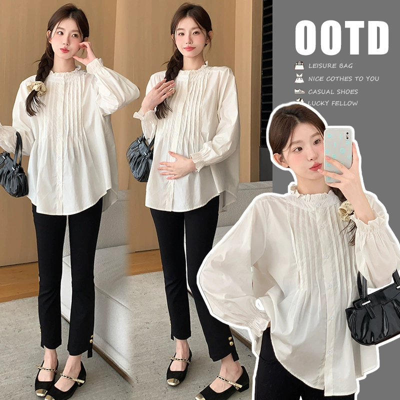 Ранний осенний набор из двух частей для беременных, осенняя рубашка, свободная детская рубашка, покрывающий живот, хлопчатобумажная рубашка с длинными рукавами, белый топ