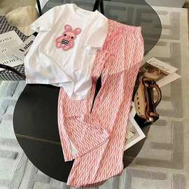 粉色运动休闲套装女夏2023新款时尚洋气减龄网红阔腿裤两件套薄款