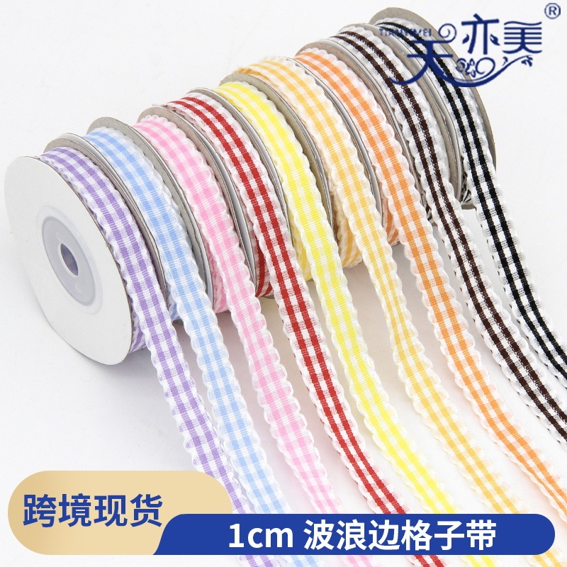 1cm Scottish Lace Wave Plaid Ribbon with Bow for Packaging Decoration Gift Box Plaid Ear Ribbon