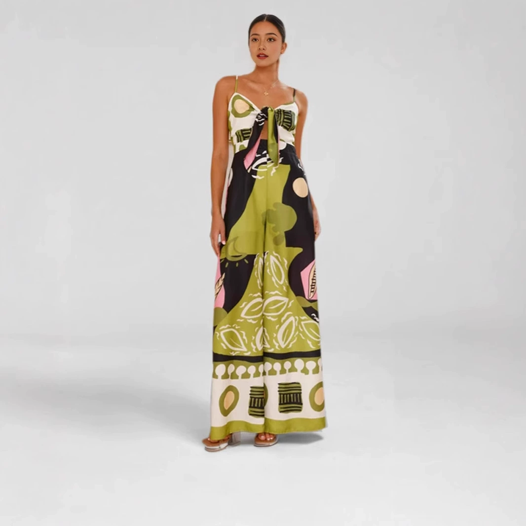 Летний комбинезон-труба с бретелями, европейско-американский стиль, новинка 2025 года, с принтом на низу.