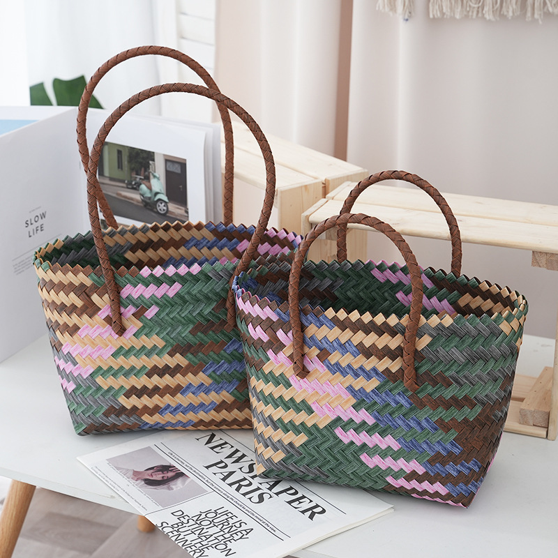 Hand-Woven Plastic Tote Bag, New Design Woven Basket, Daily Travel Woven Tote Bag, Beach Bag, Gift Bag