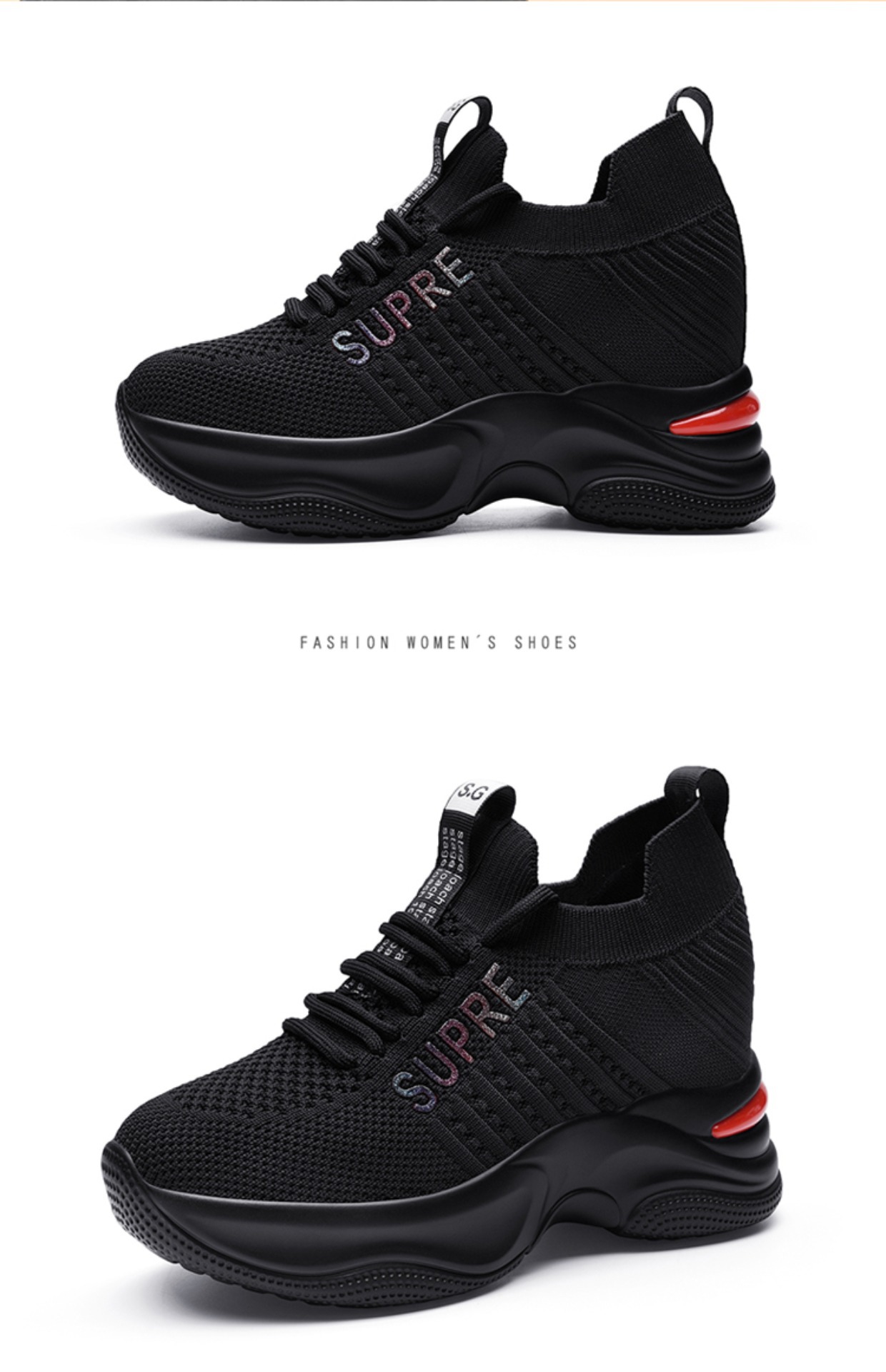 Giày sneaker nữ đế dày tăng chiều cao thoáng khí 2025 — LJ 9113 màu đỏ, LJ 9125 đen trắng thoáng mát phong cách mùa hè, LJ 8117 màu đen, JST 10115 đen đỏ chi tiết 2