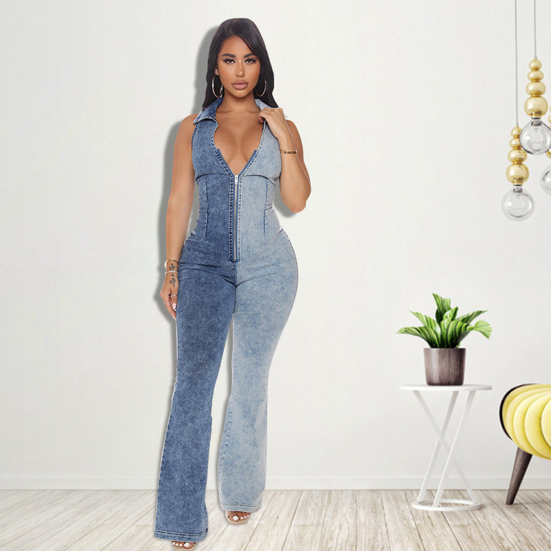 sleeveless lapel slim low-cut zipper Denim Jumpsuit NSFH126781