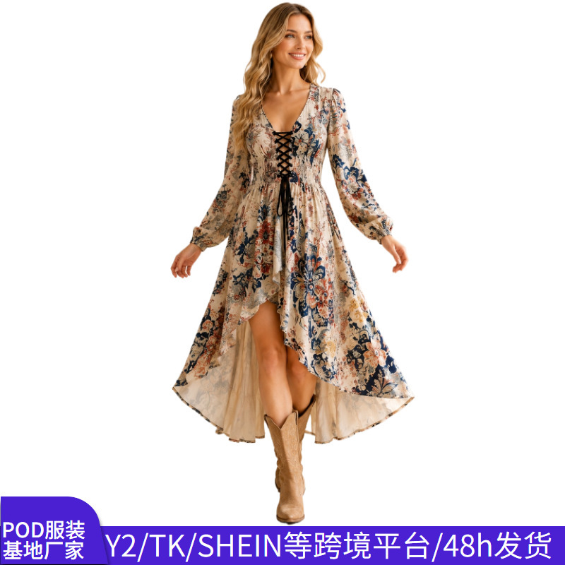 European and American Retro V-Neck Dress with Front Tie, Gathered High-Low Slit, Long Sleeves, Pod Cross-Border 48H Dropshipping