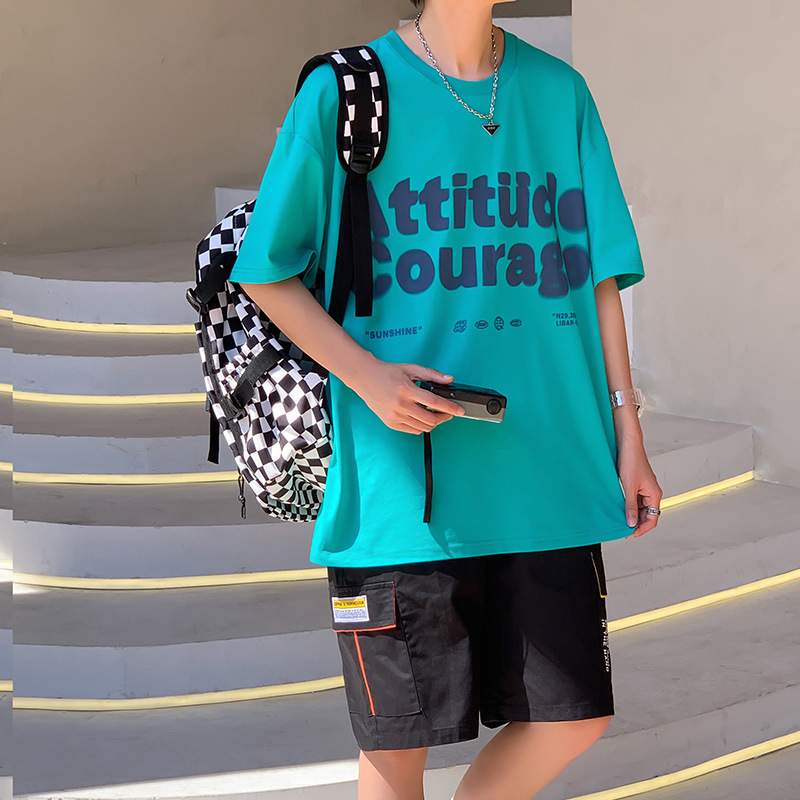 纯棉男士运动套装2022夏季新款宽松港风ins字母印花短袖/短裤套装|ms