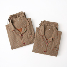 2025春夏男女款格子情侣睡衣双层纱纯棉长袖无印全棉休闲家居服