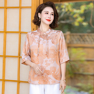 Chiffon Blouse with Mid-Sleeve Stand Collar and Button Closure for Middle-Aged Mothers, Stylish Summer Slim-Fit Top